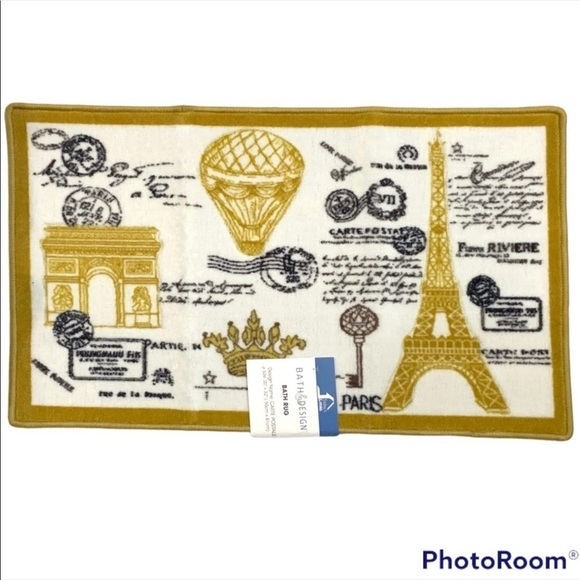 Paris Eiffel Tower French Bath Mat Rug Rectangle White Gold 20 X 32 in - Picture 10 of 14